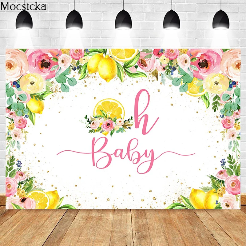 

Mocsicka Oh Baby Photography Background Lemon Flowers Golden Glitter Decoration Props Newborn Shower Photo Backdrop Banner