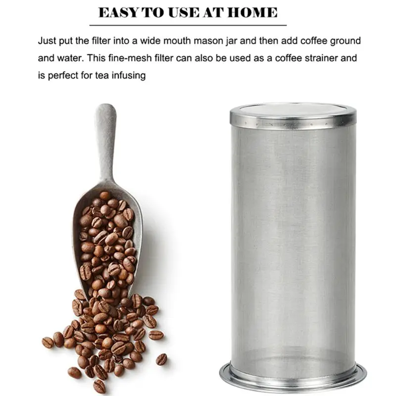 Stainless Steel Mason Jar Cold Brew Coffee Maker and Iced Tea Infuser Loose Leaf Tea Mesh Filter Strainer 97QD