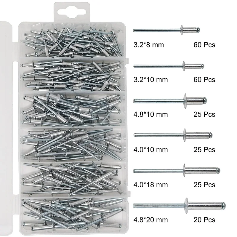 

Multiple Sizes Aluminum Dome Head Blind Pop Rivets Assorted Set,215Pcs Aluminum Rivet kit Copper Nails Remaches