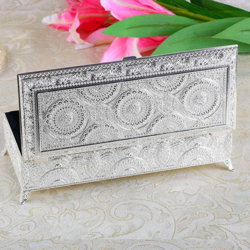 Vintage Metal Rectangular Jewelry Storage Box For Necklace Treasure Chest Organizer Antique Jewelry Keepsake Gift Box Case