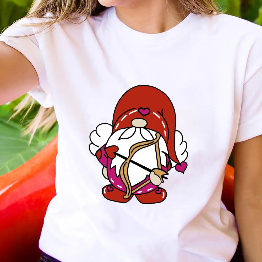 Cupid Valentine's Gnome Colored Printed 100%Cotton Women's T Shirt Valentine's Day Gift Casual O-Neck Pullover Short Sleeve Tops