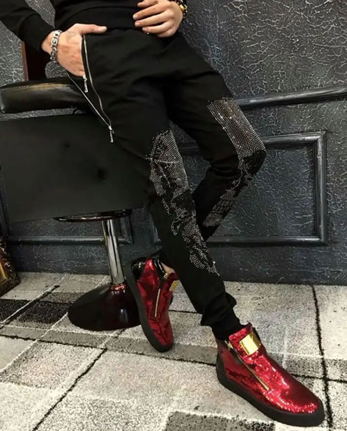 Mens Joggers Casual Pants Fitness Men Sportswear Rhinestones Skinny Sweatpants Trousers Black Jogger Track Pants