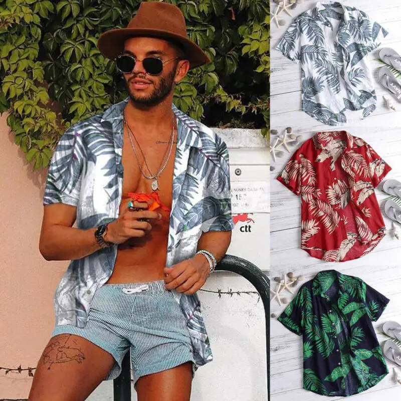 US Men\'s Hawaiian Shirt Summer Floral Print Beach Short Sleeve Casual Luau Shirt Tops Holiday Shirts Tops