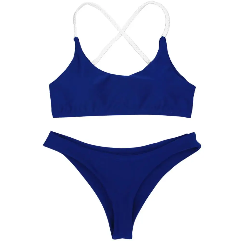 Bikini liso azul para mujer, traje de baño pequeño con relleno de realce, sin aros, con almohadilla para el pecho, 2024