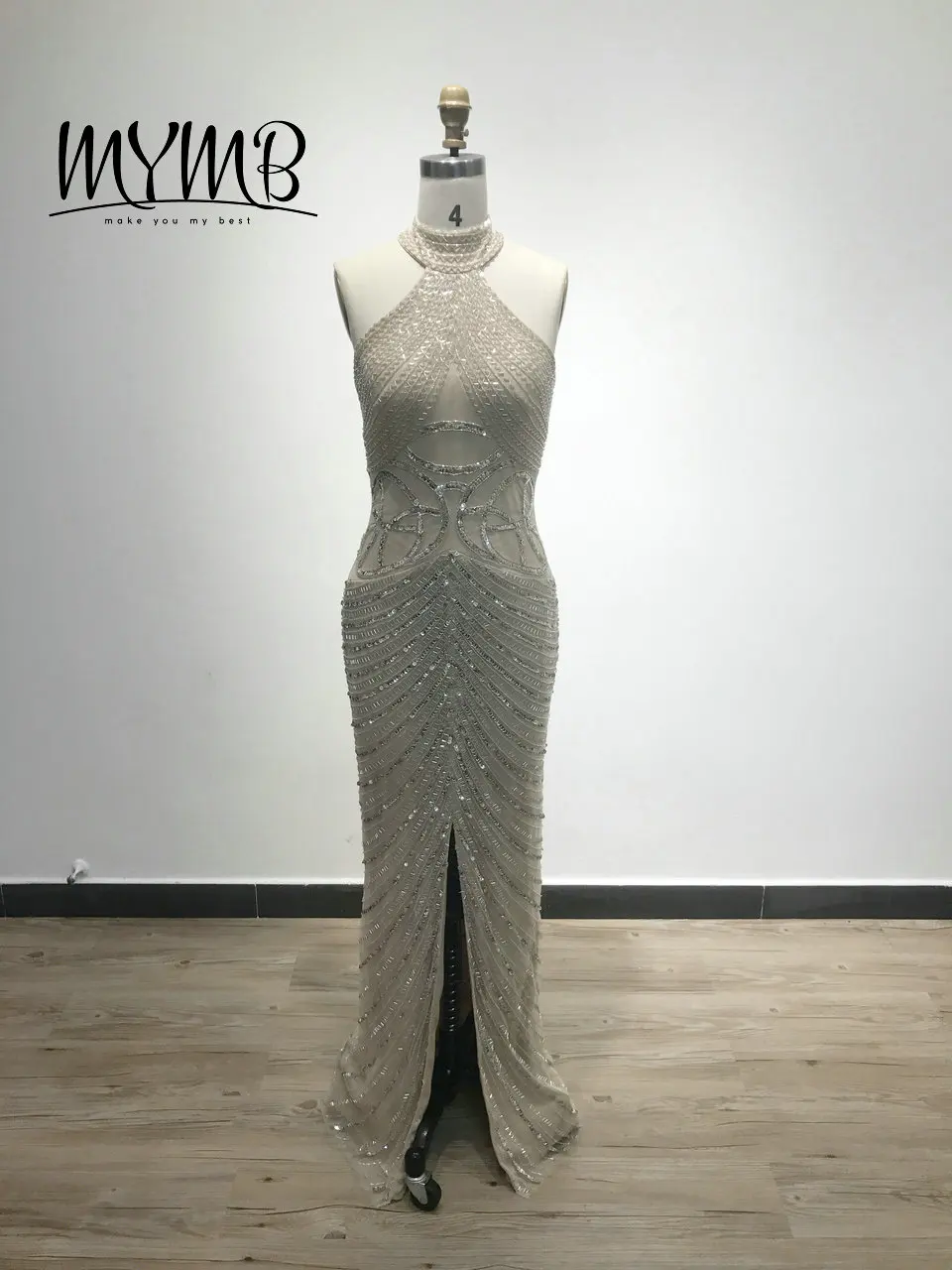 Halter Neck Beading Couture Prom Dress 2021 MYMB GOLD High Slit Evening Gown MY21109