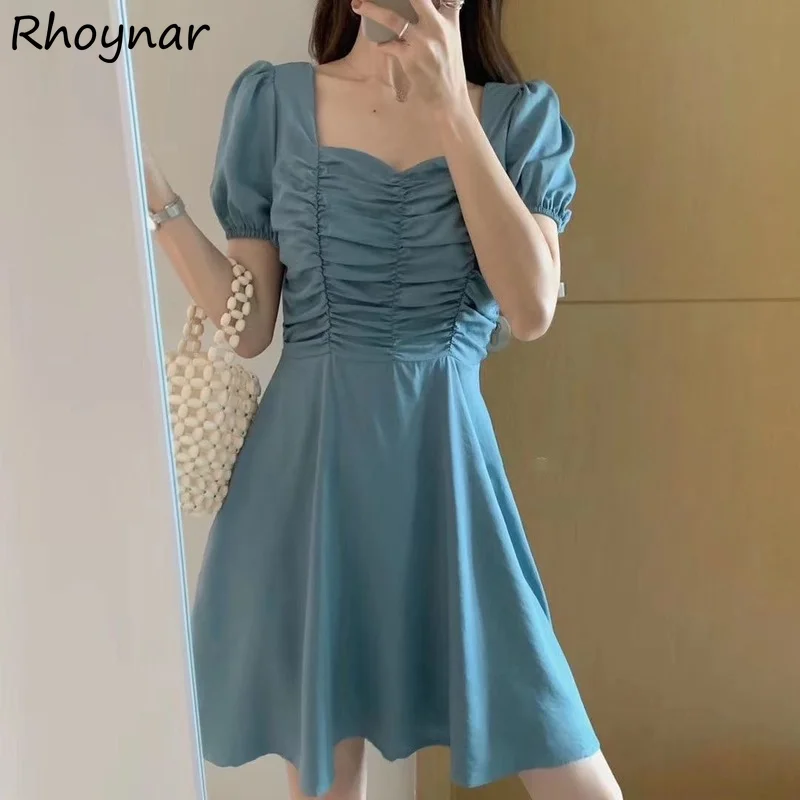 

Mini Dress Women Simple Solid Square Collar French High Waist A-line Retro Femme Short Puff Sleeve Baggy Elegant Folds Summer