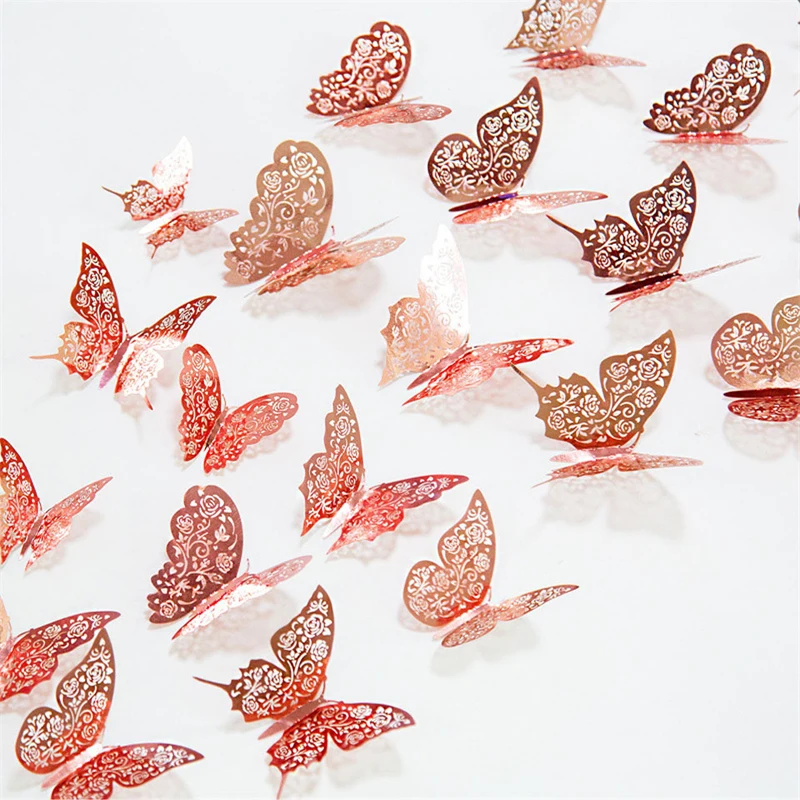 12PCS Champagne Gold Butterfly Stickers for Cake Decor 3D Simulation Rose Butterflies Wall Stickers DIY Art Home Decor Stickers