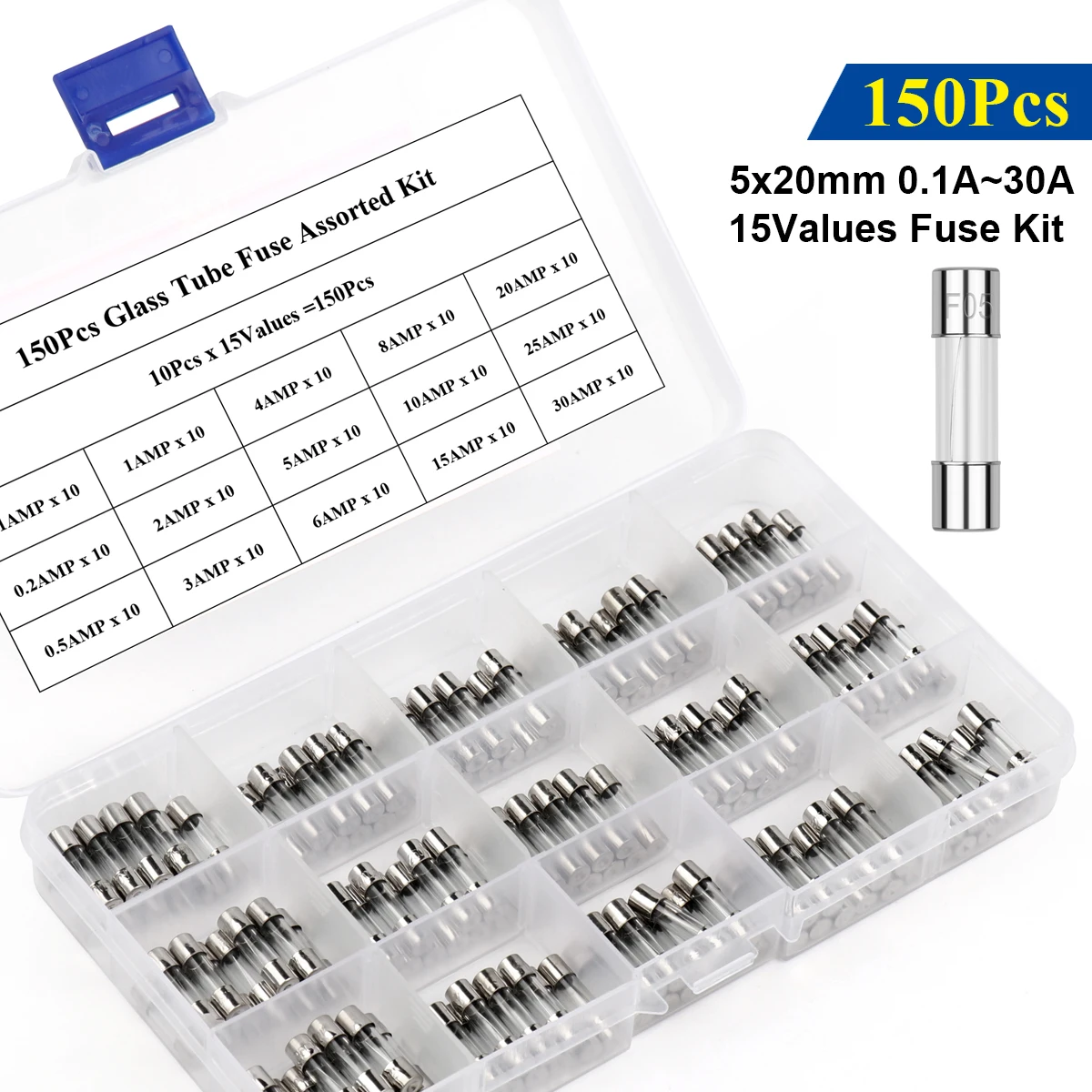 Fusíveis de vidro do sopro rápido dos jogos sortidos do fusível do tubo de vidro de 150 pces fusíveis de vidro do sopro 5x20mm 0.1a 3030a 15 valores x 10 pces jogo sortido