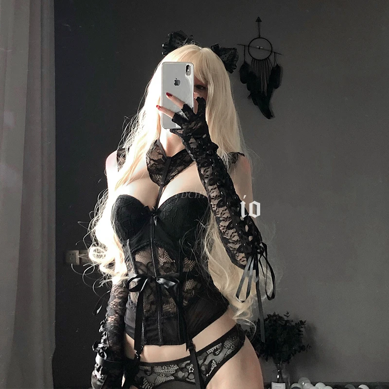 Japanese Sexy Lingerie Lace Body Jumpsuit Slimming Belt Transparent Underwear Girl Bustier and Corset Hollow Out Corset Dress