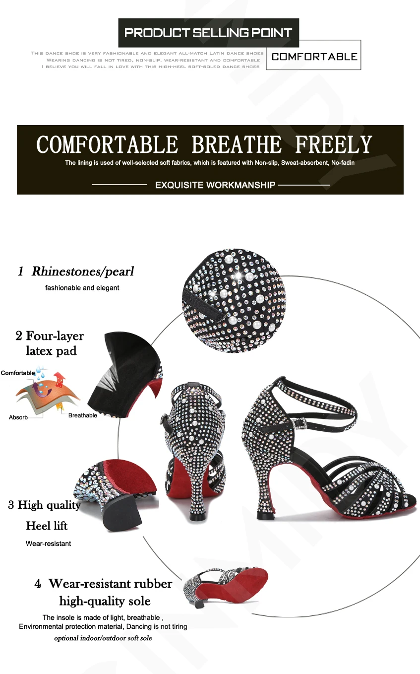 Damen Tanzschuhe mit Strass, Tango Salsa Ballsaal Tanzschuhe, Damen Hochzeitsschuhe, Damen Indoor-Sandalen, Tanz-Sneakers – Detail 7