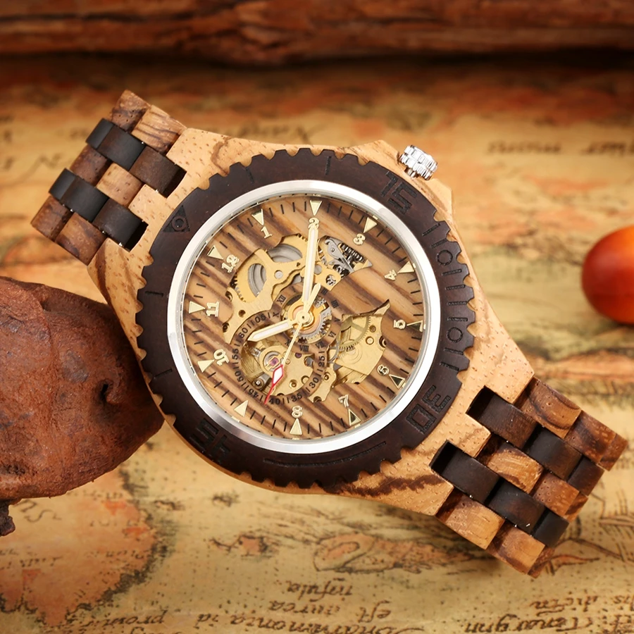 Men Mechanical Retro Ebony Wooden Automatic Watch for Men Golden Skeleton Arabic Numerals Adjustable Wooden Band Wristwatches