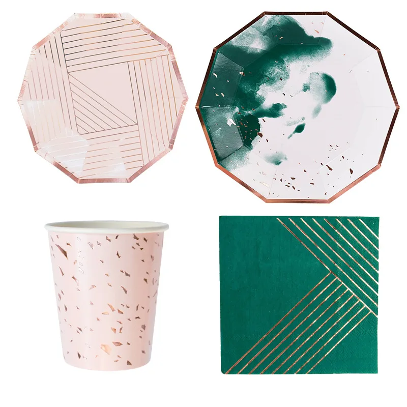 Whole Set Disposable Foil Gold Tableware Ink Graffiti Green Pink Water-blue Cup Napkiin Hexagonal Plates Birthday Party Supplies