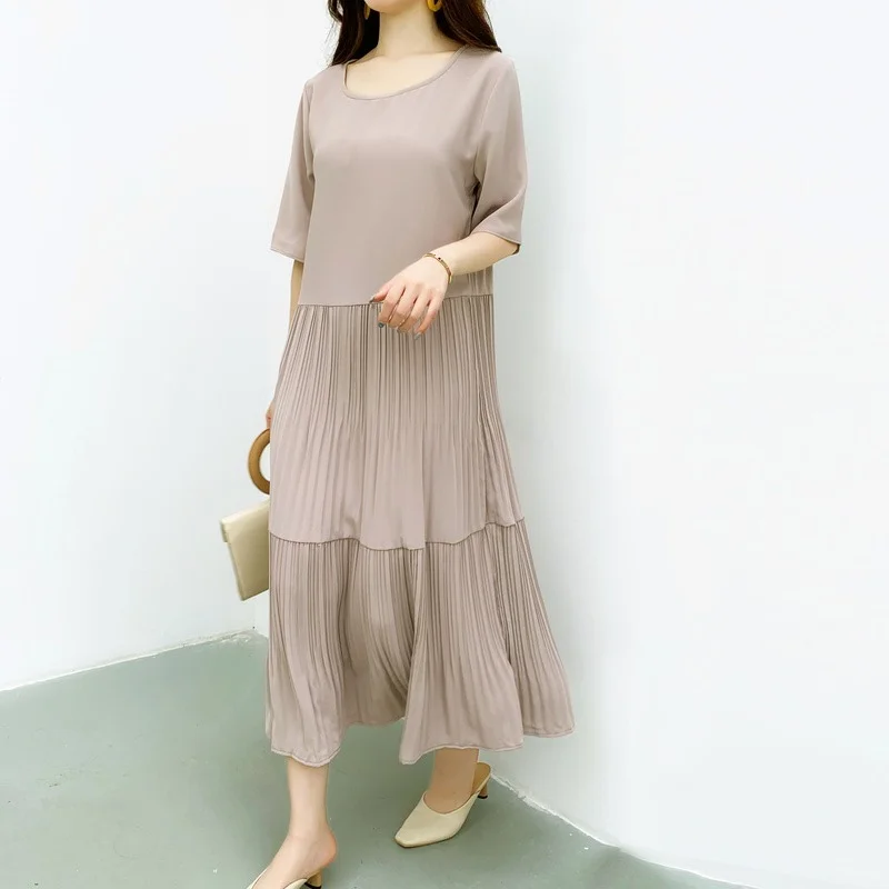 

Loose Women Summer Dress Loose Short Sleeve Dress Solid O-Neck Cotton Linen Fold Casual Loose Waist Dresses Vestido 14051