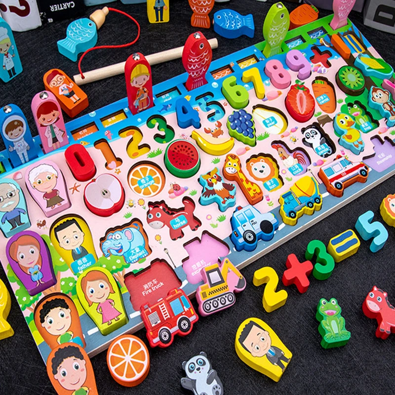 QWZ Kids Montessori edukacyjne drewniane zabawki matematyczne dzieci zajęte tablica licz kształt kolory mecz Puzzle wędkarskie zabawki edukacyjne prezenty
