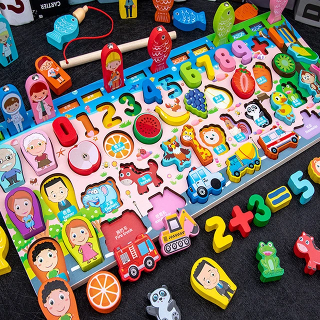 QWZ Kids Montessori edukacyjne drewniane zabawki matematyczne dzieci zajęte tablica licz kształt kolory mecz Puzzle wędkarskie zabawki edukacyjne prezenty