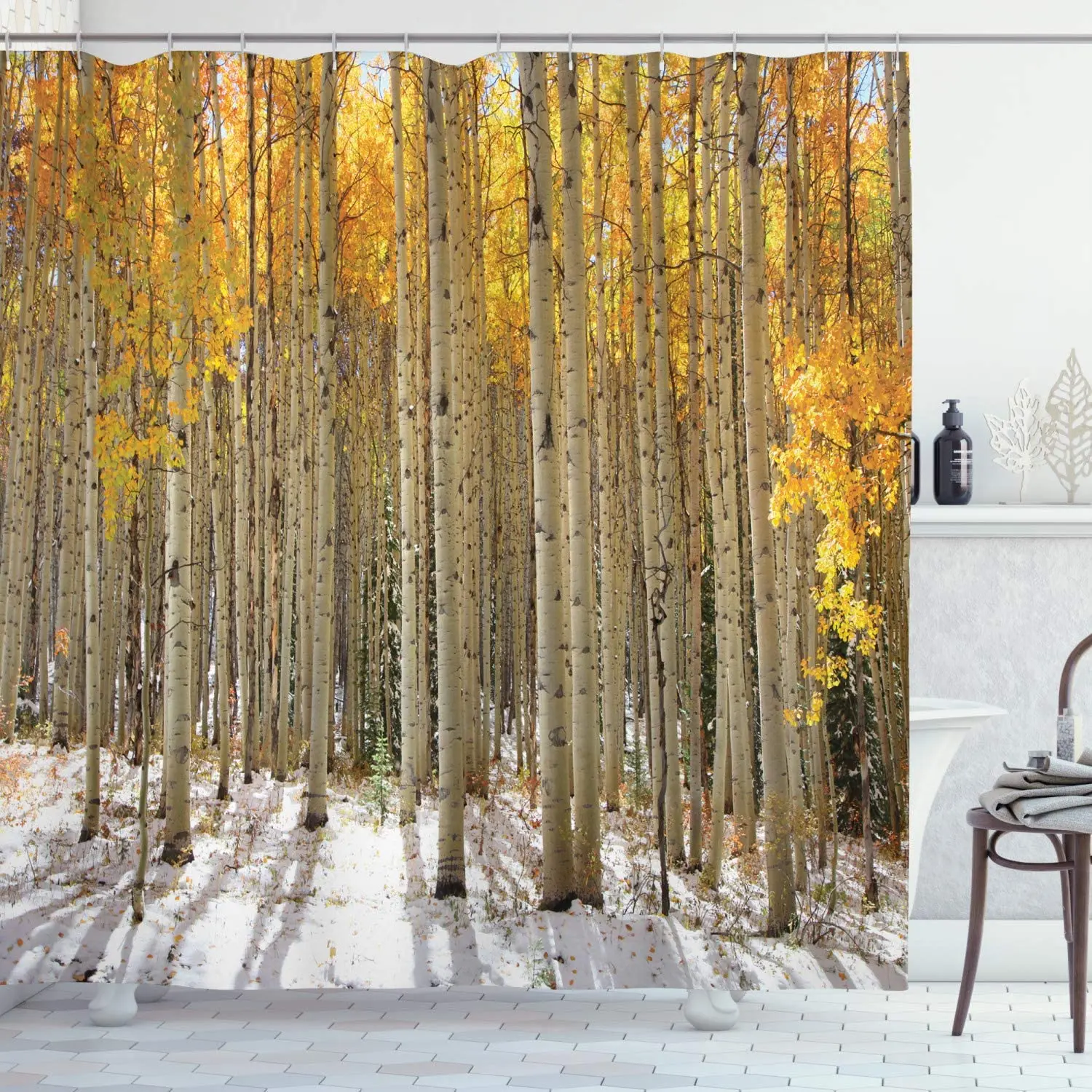 Orange White Forest Shower Curtain Aspen Trees Warm Leaves Snow Forest Early Winter Time Landscape Bathroom Curtain