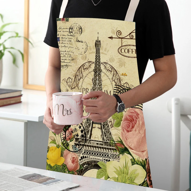 Colored Vintage Flower Tower In Paris France Clean Art Apron Sleeveless Family Cooking Kitchen Apron Chef Wear Adult Bib Babero