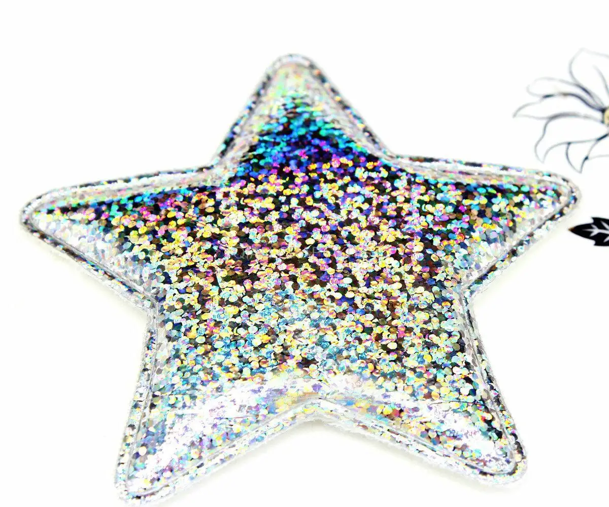 

120pcs 80mm silver star Cloth Applique Garment Shoes Hats Ornament Padded STAR Applique 3" DIY Headband Supply display