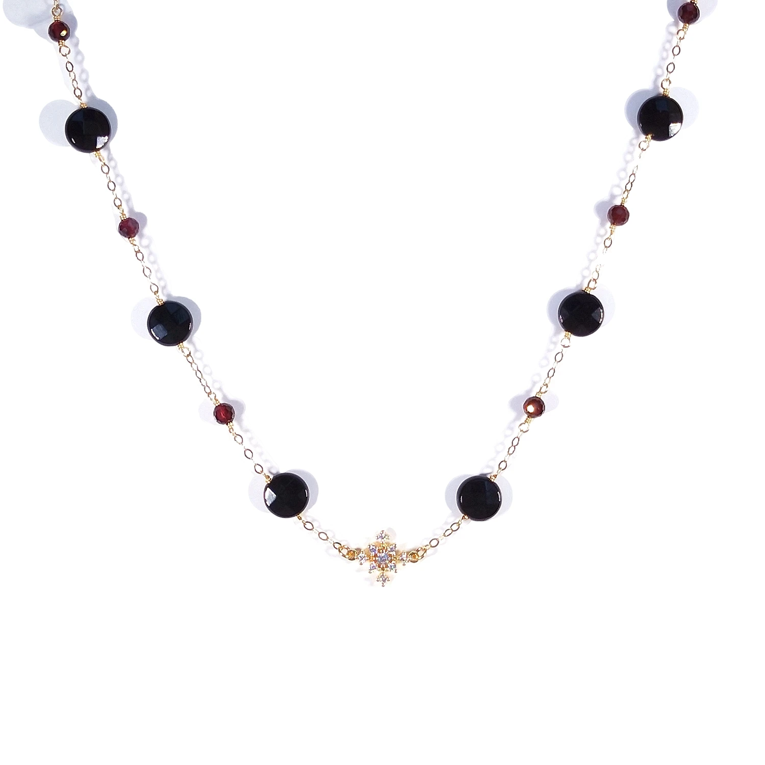 Lii Ji American 14K Gold Filled Choker Chain Black Agate/Onyx Red Garnet Zircon Snowflake Handmade Necklace 36cm+5cm