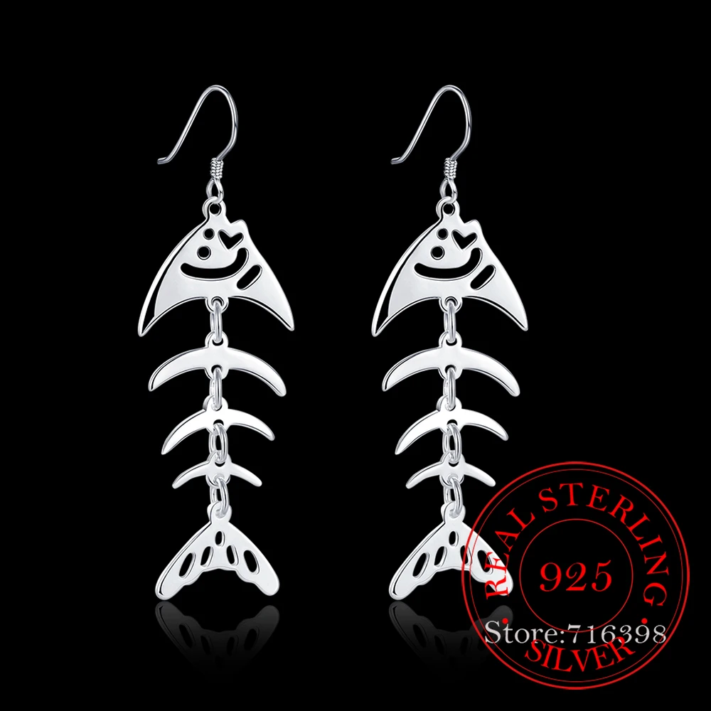 2021 Trend 925 Sterling Silver Earrings for Women Fashion Fish Skeleton Long Drop Earring Hanging Jewelry brincos feminino