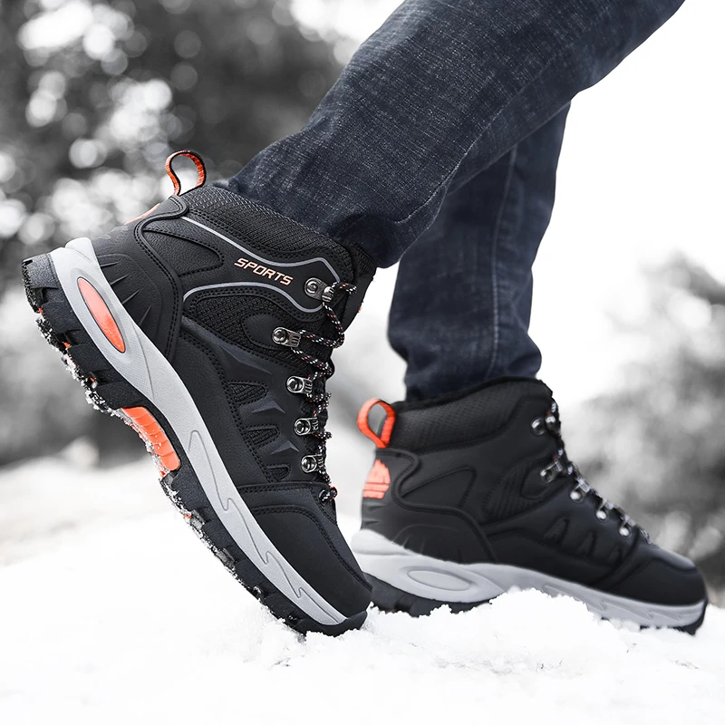 Men's Winter Boots Warm Plush Men's Snow Boots High Quality Leather Waterproof Men Sneakers Outdoor Men Hiking Boots Work Shoes