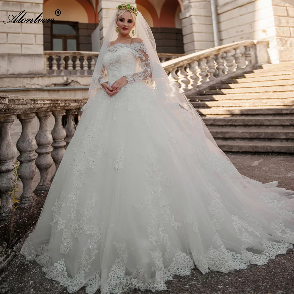 

Alonlivn Elegant Boat Neck Ball Gown Wedding Dresses Off The Shoulder Appliques Lace Full Sleeves Bridal Gowns