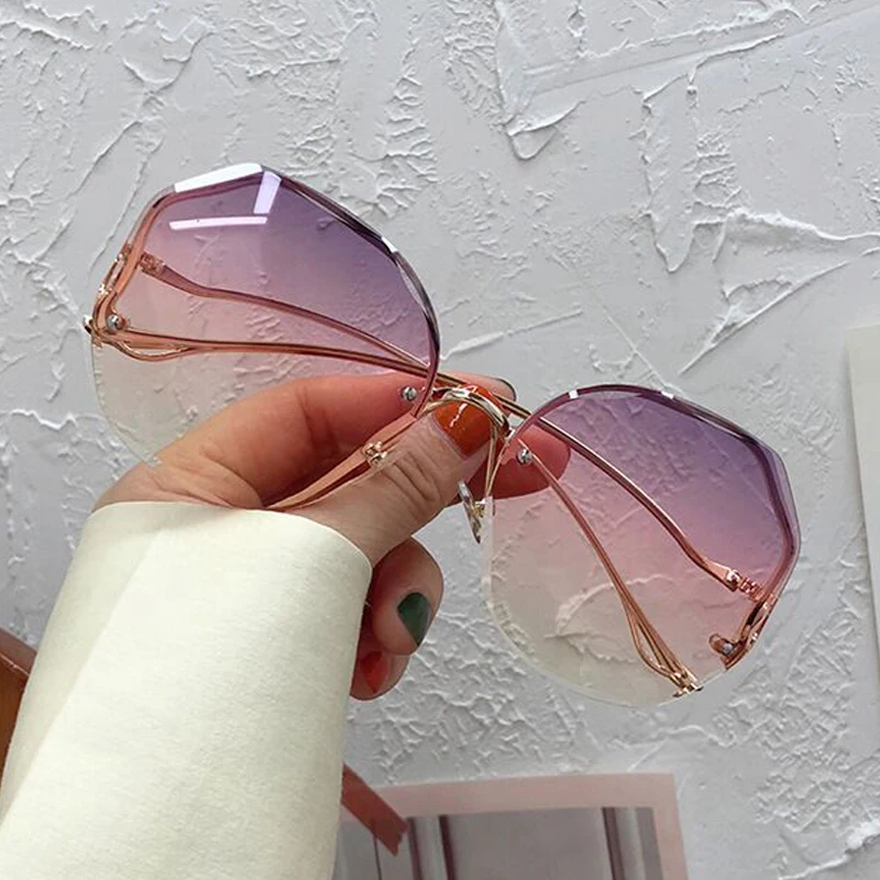 Irregular Round Sunglasses Woman Brand Designer Gradient Fashion Sun Glasses Female Rimless Metal Curved Temples Oculos De Sol