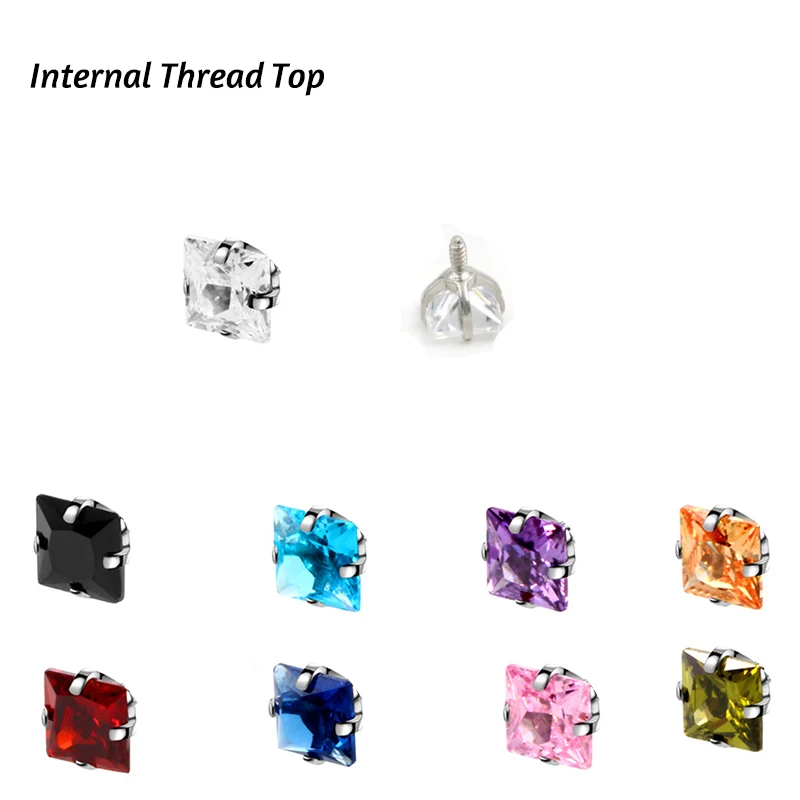 10Pcs Square CZ Gem Steel Top Internally Thread 16g For Ear Cartilage Tragus Helix Piercing Labret Lip Studs Ring  Body Jewelry