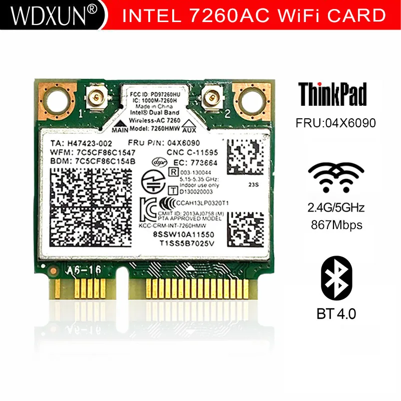 

Dual Band Wireless-AC 7260 7260AC 7260HMW network card 4.0 Bluetooth adapter mini PCI-E 867Mbps for Lenovo 04X6090 04X6010