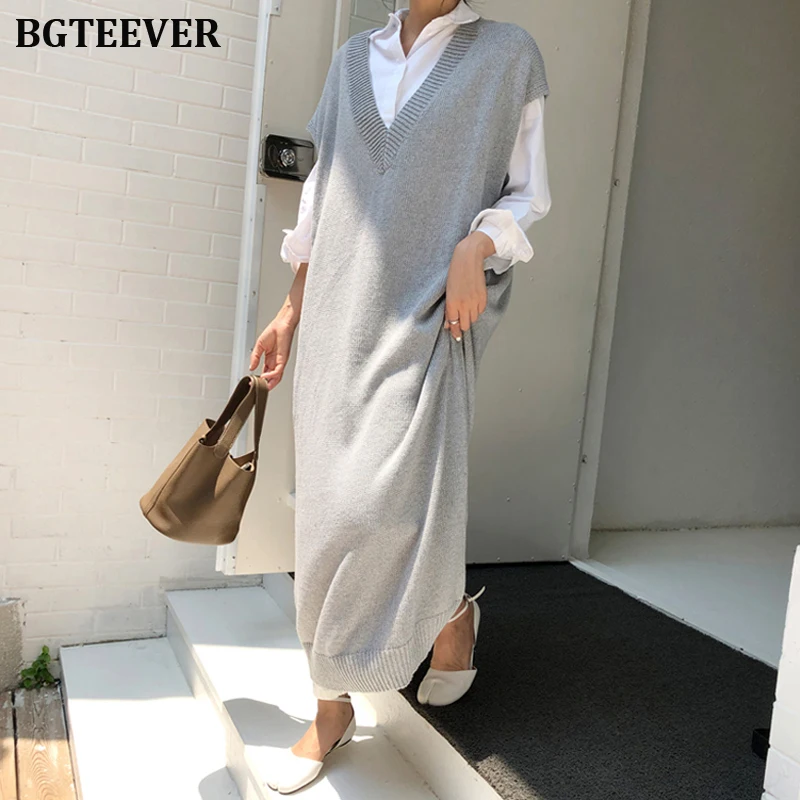 

BGTEEVER Chic Casual Winter Oversize Straight Sleeveless Sweater Dress Women Thick Knit Long Dress Female Knitted Vest Dress