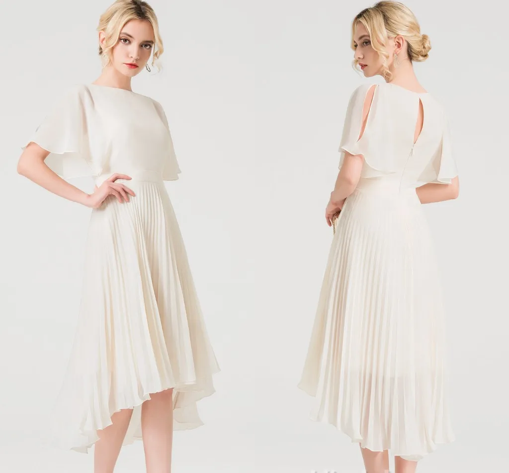 

A-Line Scoop Neck Asymmetrical Chiffon Wedding Dress With Pleated Bridal Party Gowns Robe De Mariage Vestidos Noiva