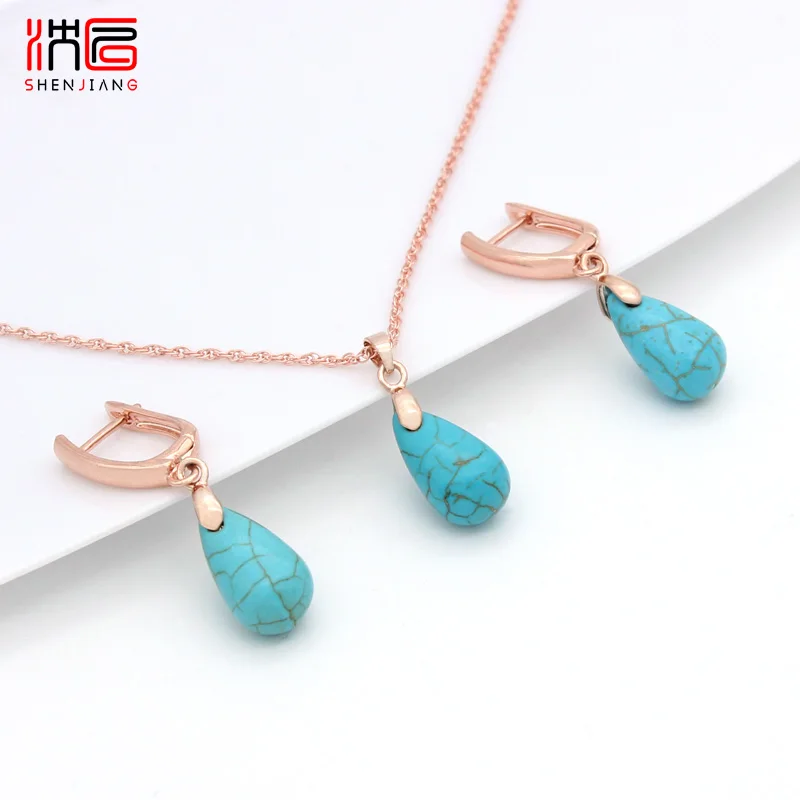 SHENJIANG New Rose Gold Color Water Drop Synthetic Turquoises Dangle Earrings Jewelry Sets For Women Wedding Fashion Necklace