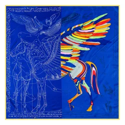 90cm Medieval Pegasus Print Twill Silk Scarf Women Square Shawl Brand Hijab Scarf Bandana Leopard Handmade Curled Head Scarf