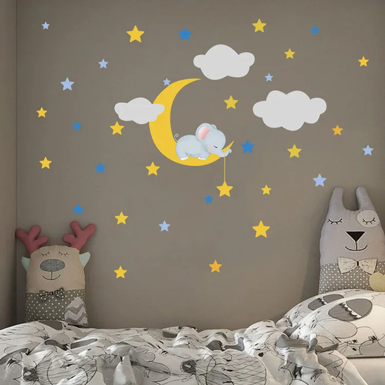 Cartoon Baby Elefant Mond Stern Wandaufkleber für Kinderzimmer Schlafzimmer Hintergrund Dekoration Wohnzimmer Dekoration Schöner Aufkleber – Detail 3