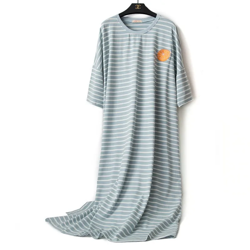 Cotton Striped Nightgown M-6XL Women Short Sleeve Homewear Nightdress Casual Lounge Home Gown Summer New Long Sleepwear Big Size