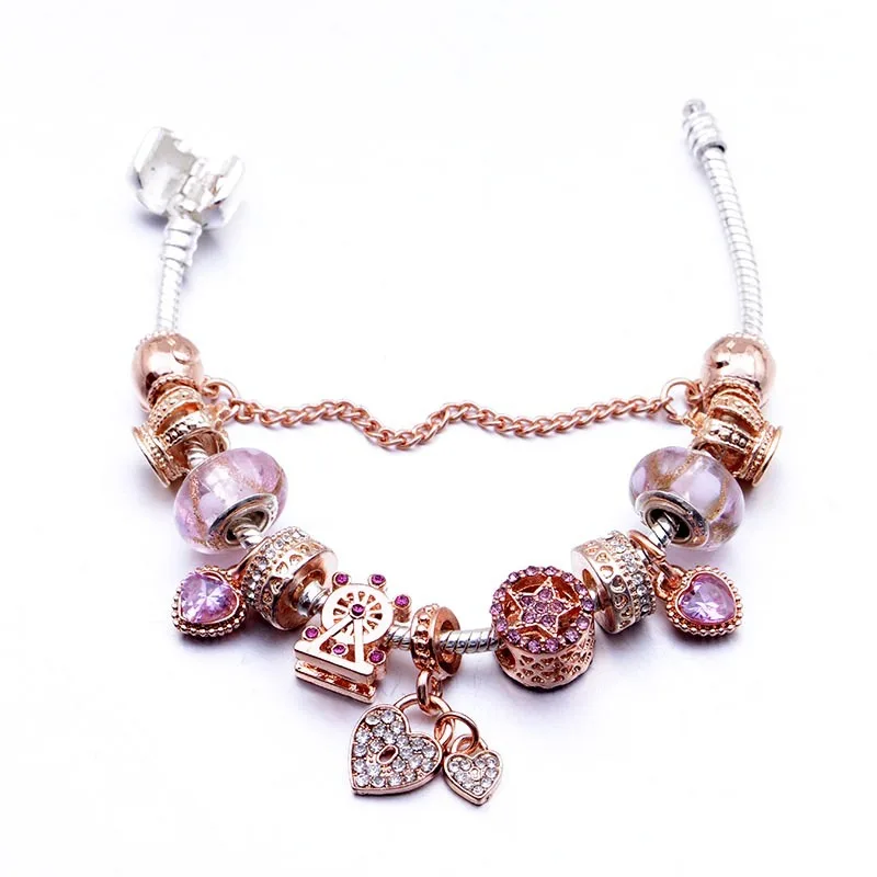 Pandora Series Classic Rose Gold Diffuse Pink Glass Bead Bracelet DIY Heart Lock Pendant Alloy Bracelet