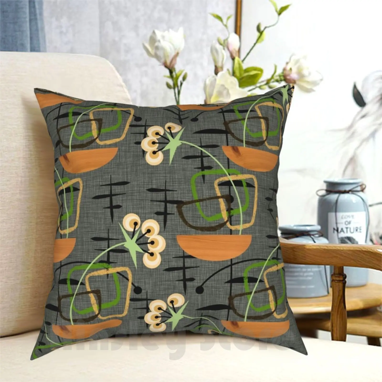 Gray Mid-Century Modern Houseplants , Atomic Patterns Pillow Case Printed Home Soft Throw Pillow Gray Black Gold Green