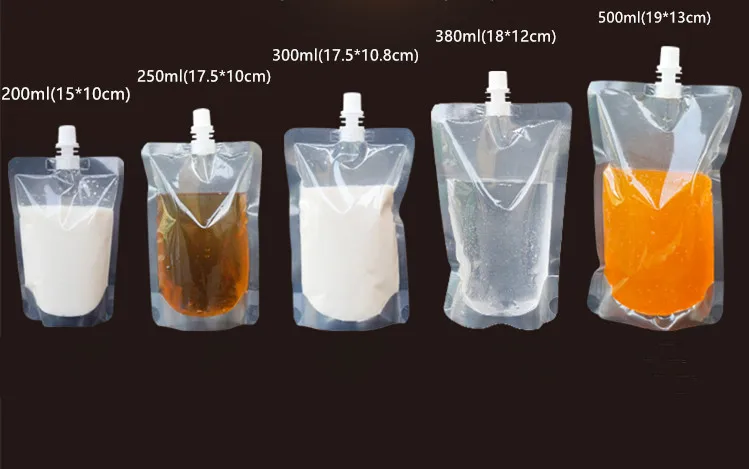 

5 Size Stand-up Plastic Drink Packaging Bag Spout for Beverage Liquid Juice Milk Coffee Plastic Bag 200pcs/lot Free shipping