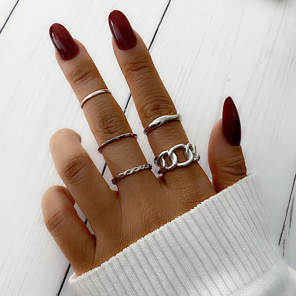 IPARAM Punk Metal Thick Chain Geometric Joint Ring Set Women's Retro Gothic Rock Wide Knuckle Finger Rings Fashion Jewelry Gift