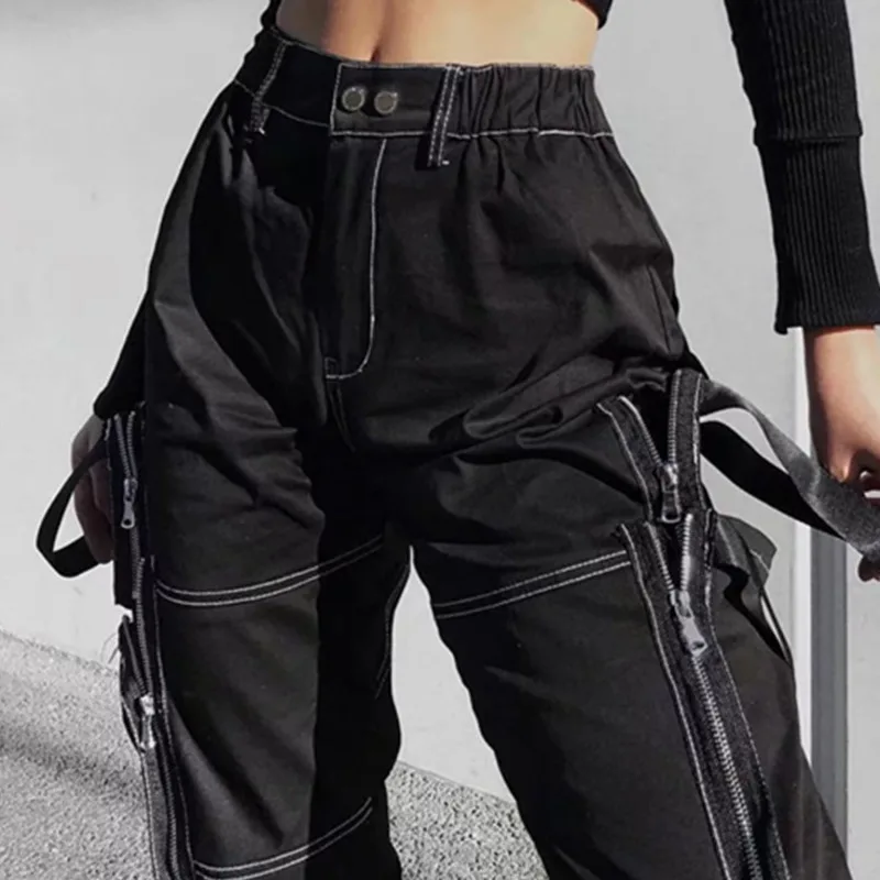 CTRLLOCK-ropa de calle Grunge para mujer, pantalones elásticos de cintura alta con múltiples bolsillos, hip hop, 2021