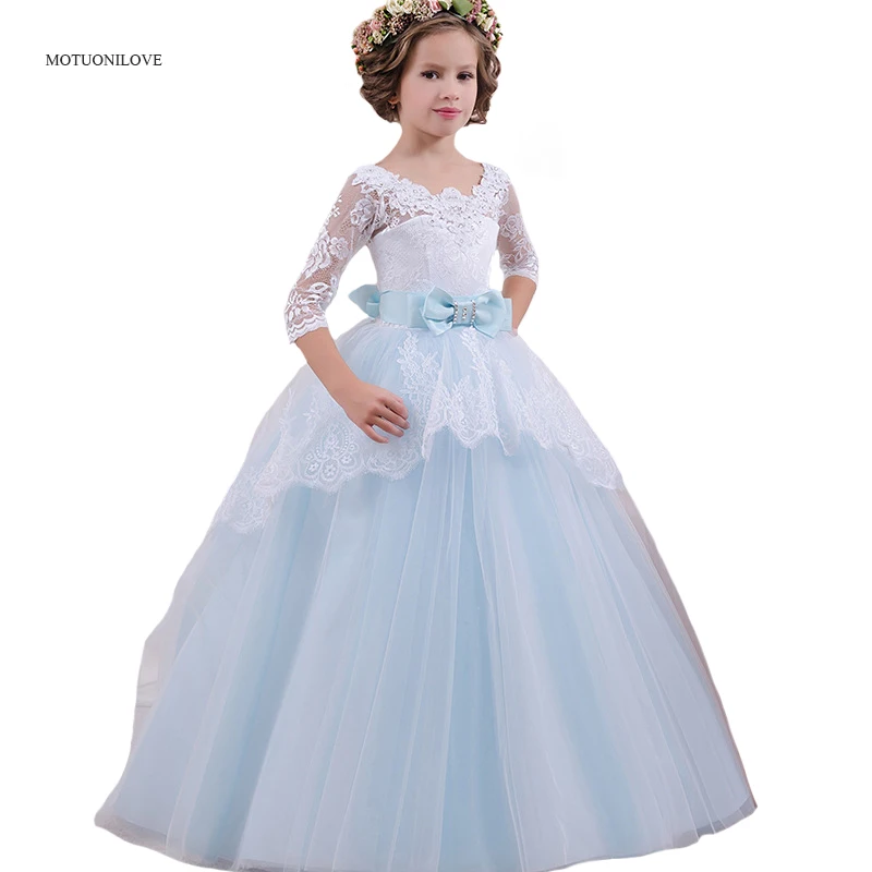 3/4 Long Sleeves Lace Lovely Girls Pageant Gown Child Birthday Party Evening Dress Jewel Bow Light Sky Blue Kid Long Formal Gown