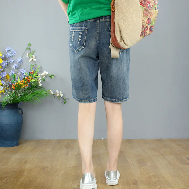 Summer Women Shorts Jeans Feminino Washed Ripped Denim Capris Jeans Femme  3XL Loose Embroidery High Waist Baggy Jeans Short