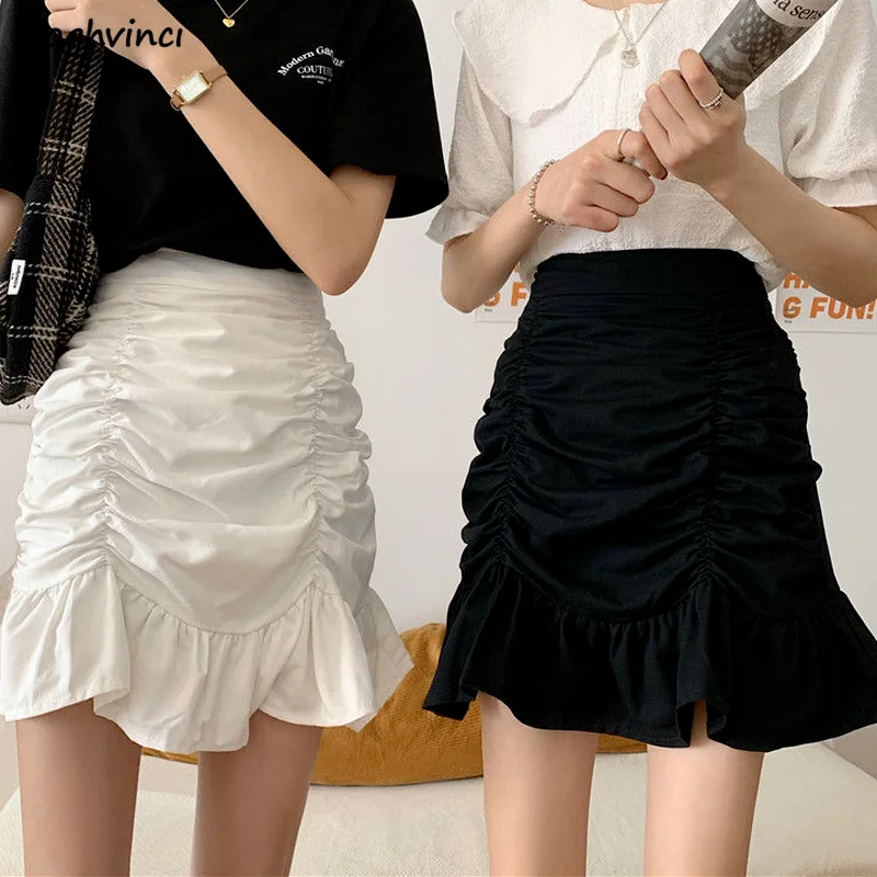 

Skirts Women Solid Trumpet Summer All-match Sexy Elegant Mini Hem Ruffles Korean Style High Waist Hot Sale Lovely Girls Clothing