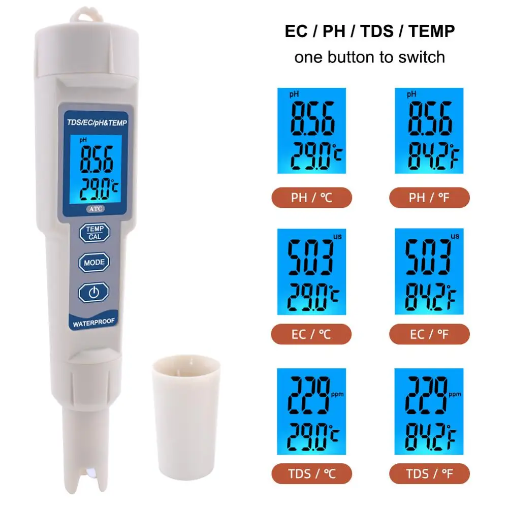 Yieryi – ph-mètre TDS 4 en 1 PH/TDS/EC/compteur de température testeur numérique de qualité de l\'eau pour piscines, eau potable, Aquariums