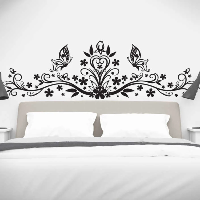 Large Butterfly Floral Headboard Wall Decal Bedroom Wedding Party Flower Birds Head Board Wall Sticker Nursey  Home Decor