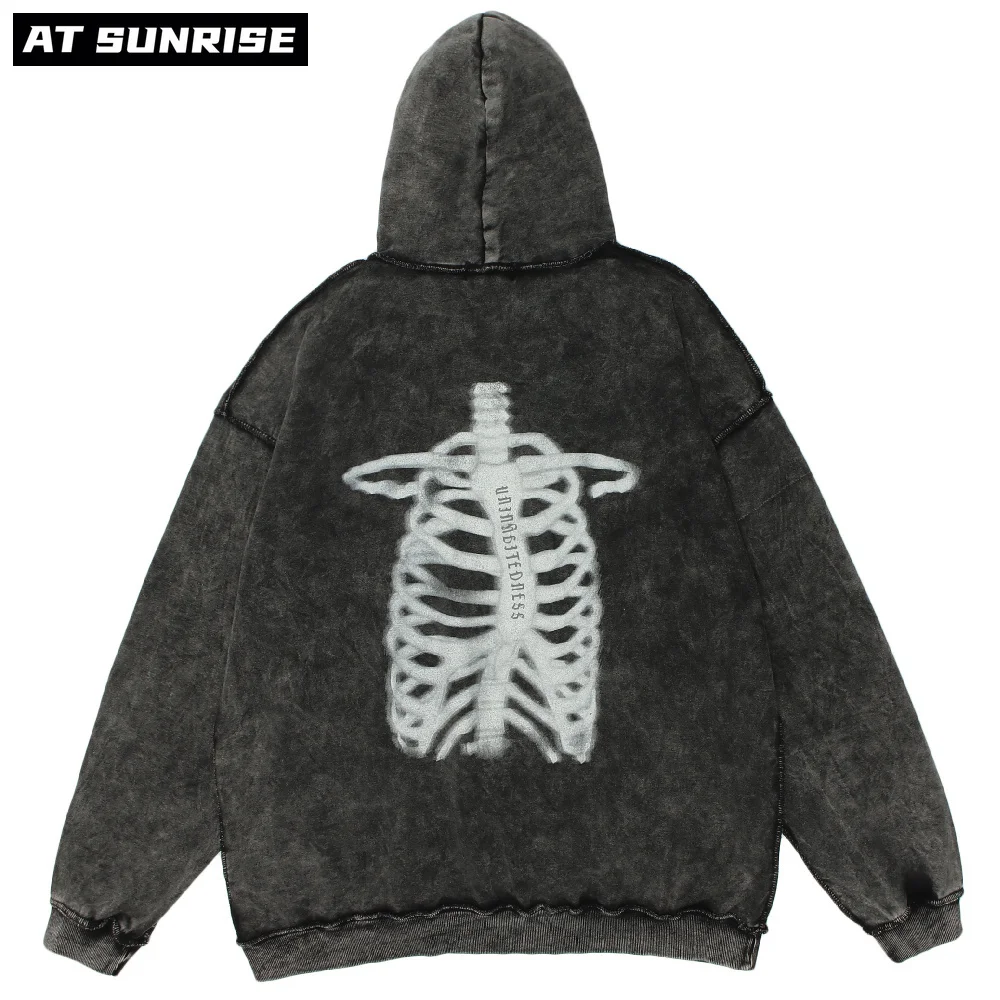 

2021 Men Hip Hop Oversize Washed Hoodie Sweatshirt Streetwear Skeleton Print Pullover Harajuku Cotton Sweat Shirt Black Oversize