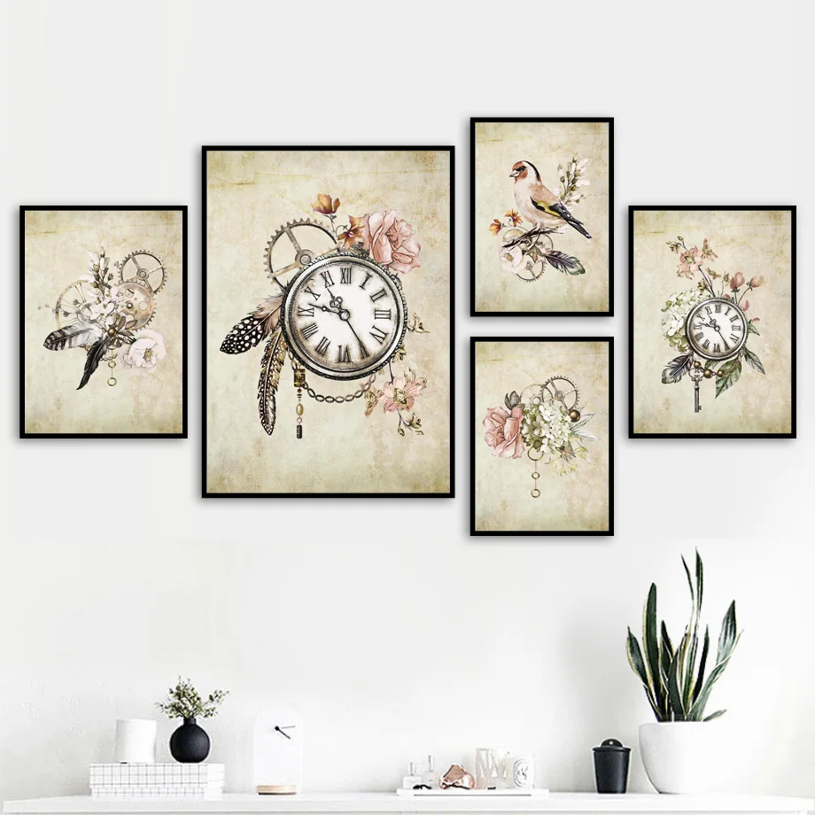 Vintage Taschenuhr Vogel Feder Blume Wand Kunst Leinwand Malerei Nordic Poster Und Drucke Wand Bilder Für Wohnzimmer Decor