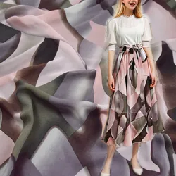 Abstract Grey Pink Army Green Smudge Print Chiffon Fabric For Dress Sun-Proof Clothing Lady's Garment Material T1608