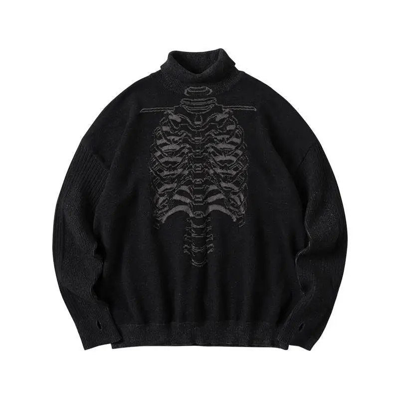 FAVRE Turtleneck Sweaters Pullovers Men Winter Black Mechanical Spine Rib Skeleton Pattern Printed Long-Sleeved Knitted Sweater