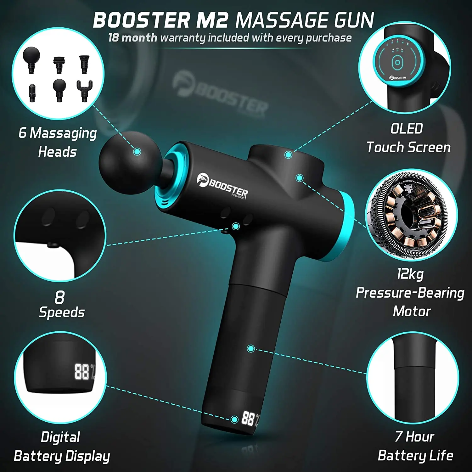 Booster M2-B 24V Muscle Massage Gun AI-Hit Neck Muscle Massager Fascial Gun Pain Therapy for Body Massage Relaxation Pain Relief